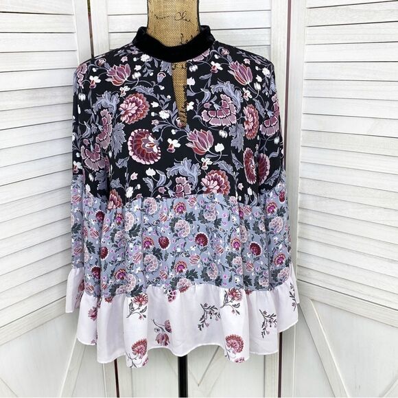 LOFT Mixed Flowers Tiered Velvet Collar Boho Blouse Black Purple Medium - Picture 1 of 15